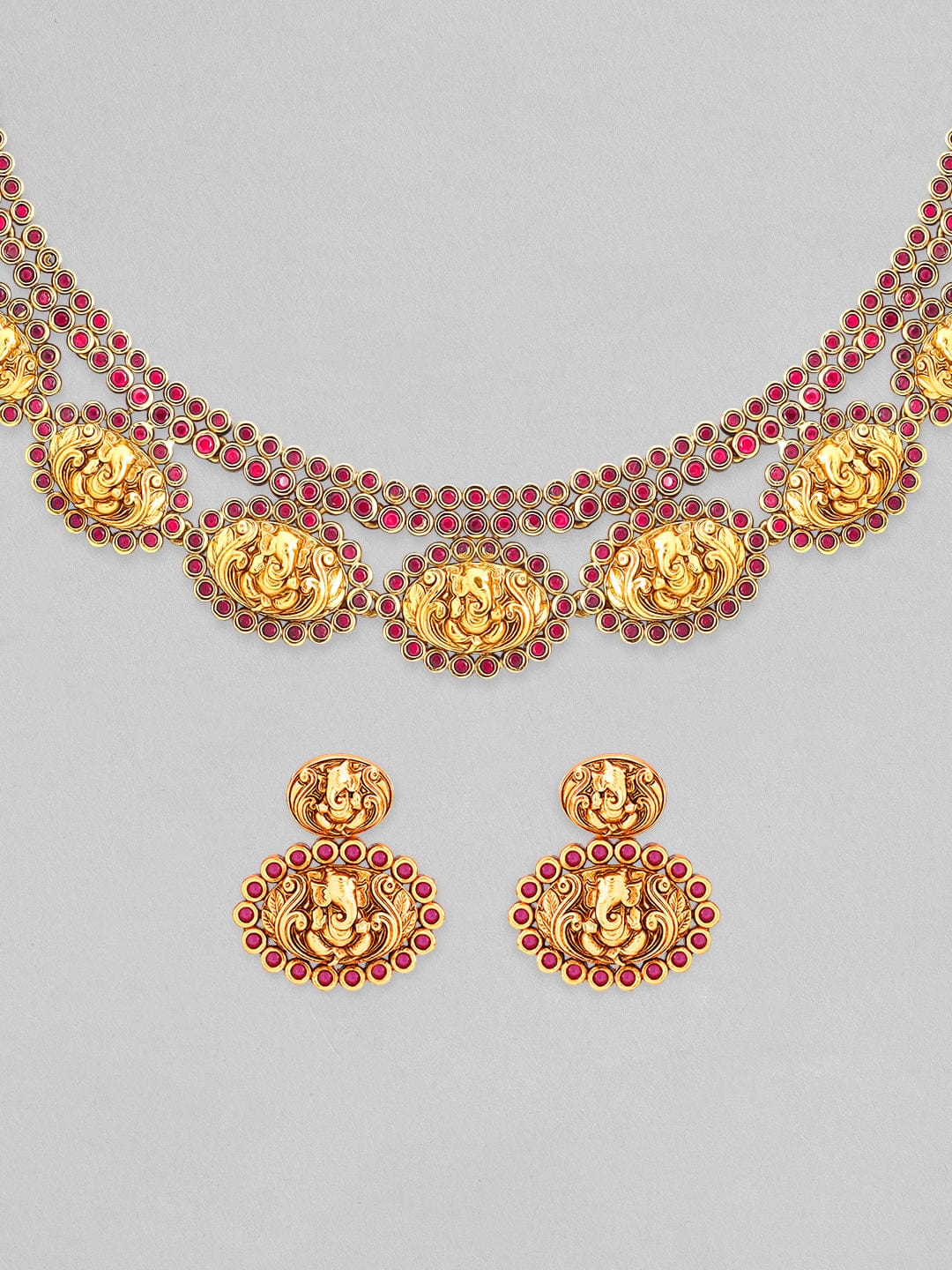 Rubans 24K Gold Plated Ruby studded Temple necklace set. Necklace Set