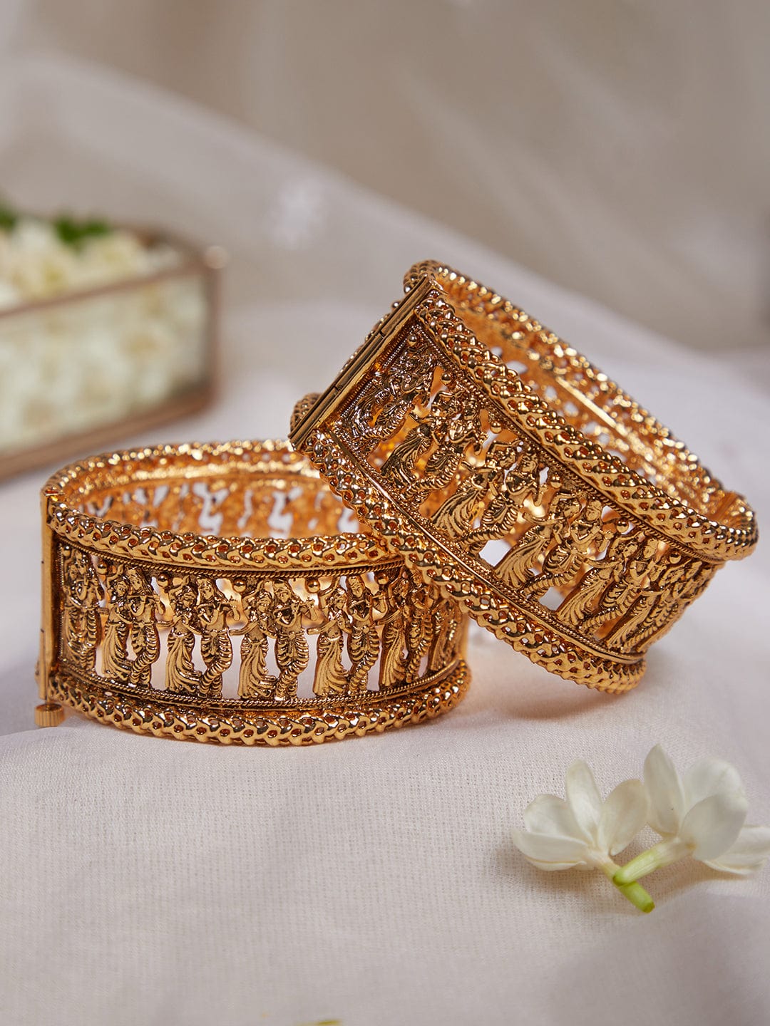 Rubans 24k Gold Plated Set Of 2 Broad Bangles With God and Goddess Design Bangles & Bracelets