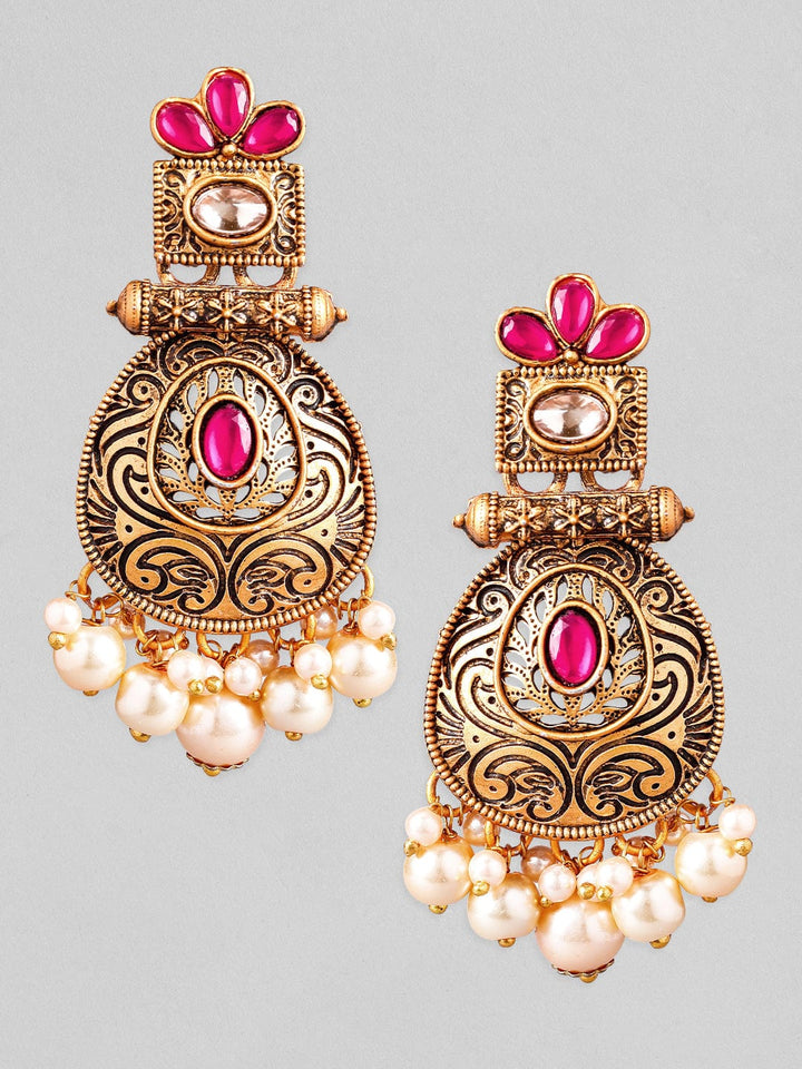 Rubans 24K Gold Plated Stone Studded Pearl Beaded Drop Earrings Earrings