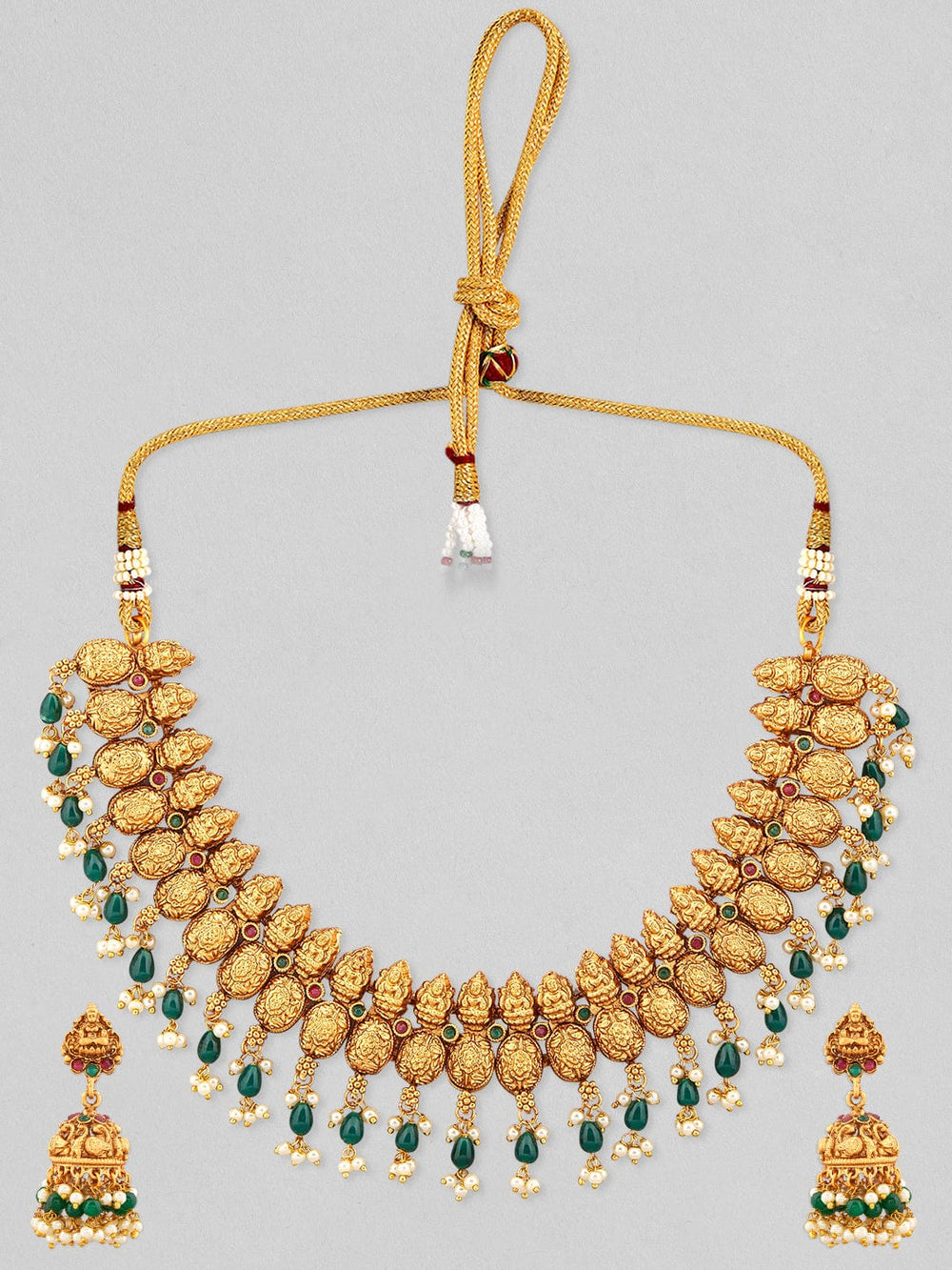 Rubans 24k Gold Plated Temple Jewellery Set With Green Beads And Pearls. Necklace Set