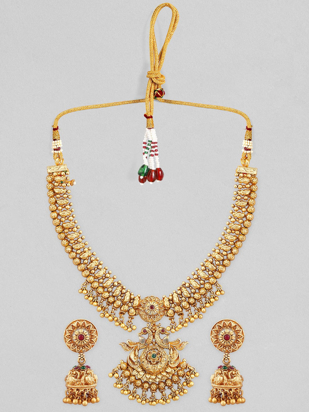 Rubans 24K Gold Plated Temple Necklace Set With Peacock Motifs. Necklace Set