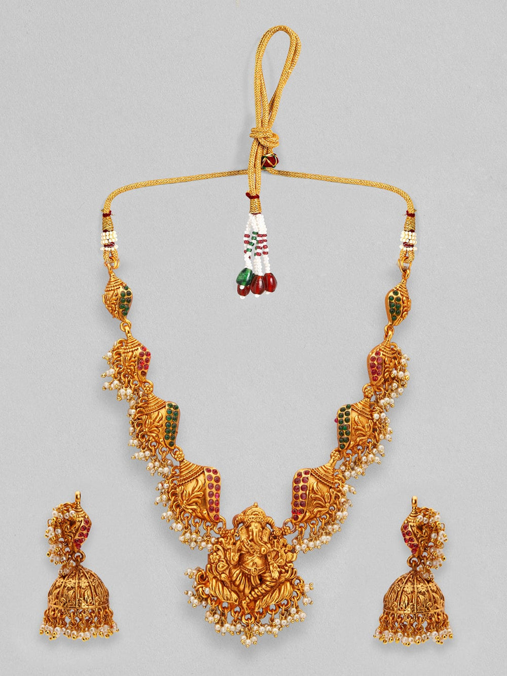 Rubans 24K Gold Plated Temple Necklace Set With Red And Green AD Necklace Set