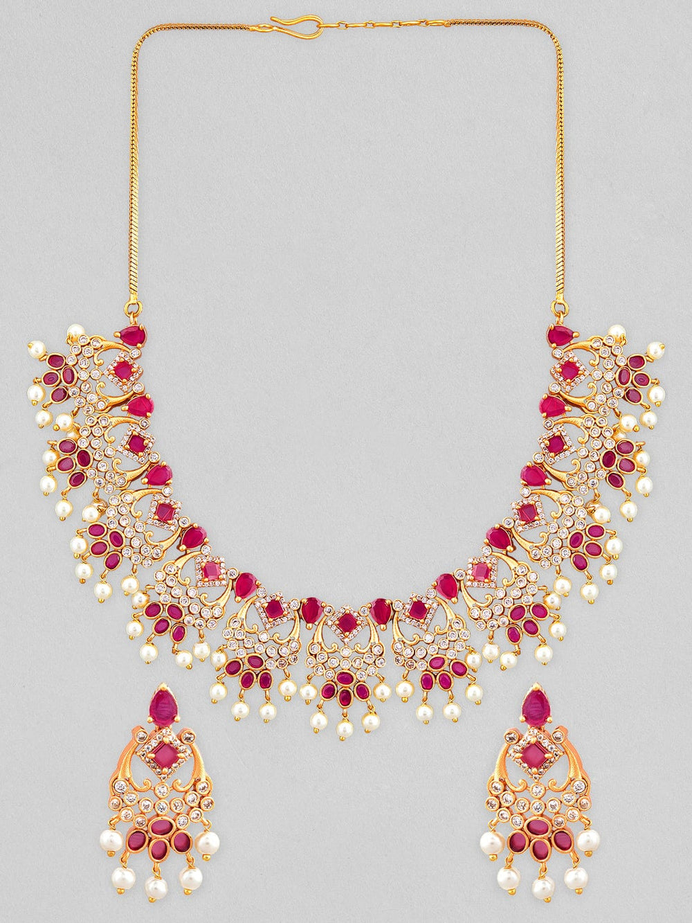 Rubans 24K Gold Plated Temple Necklace Set With Studded Pink Stones Necklace Set