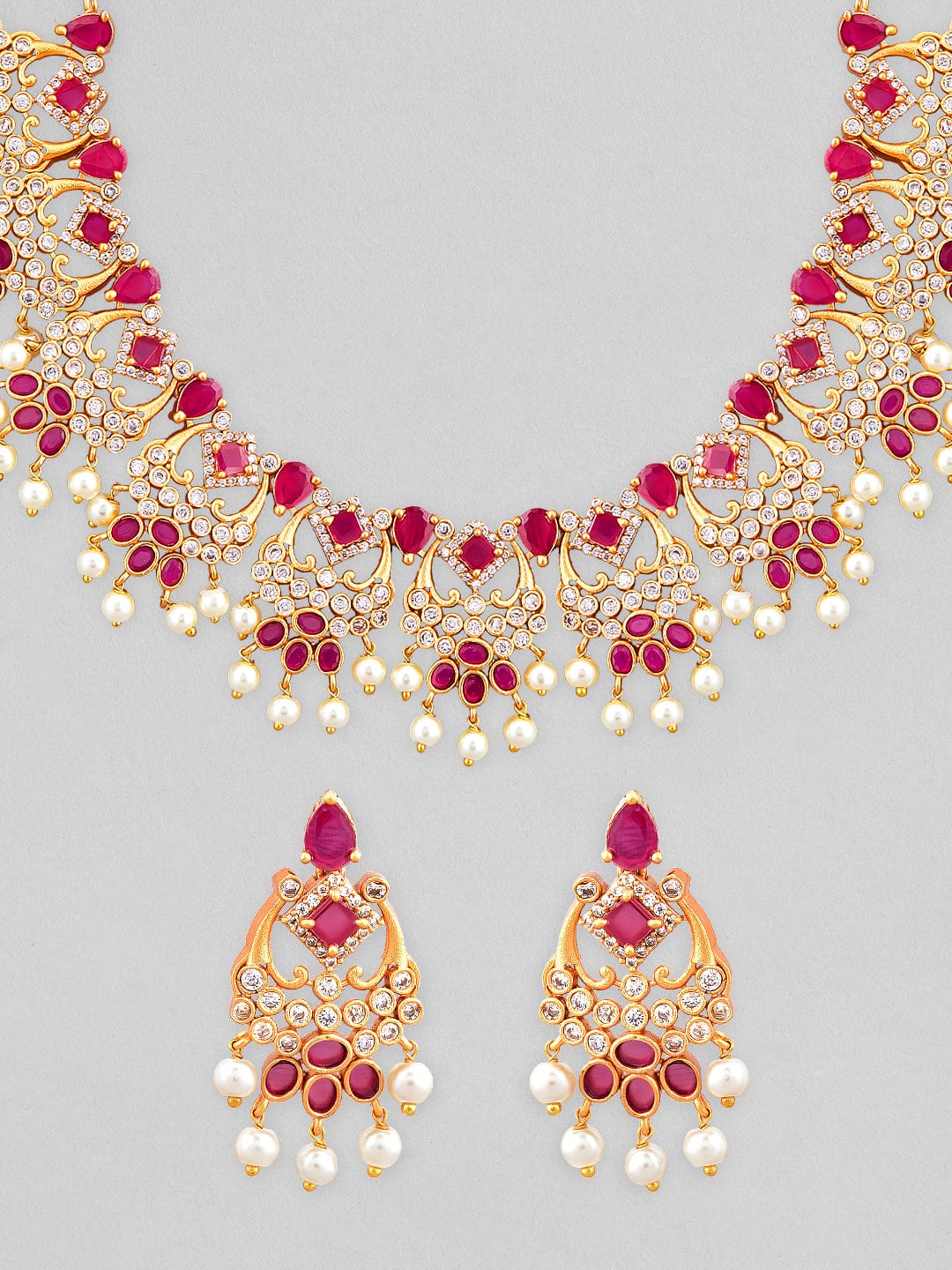 Rubans 24K Gold Plated Temple Necklace Set With Studded Pink Stones Necklace Set