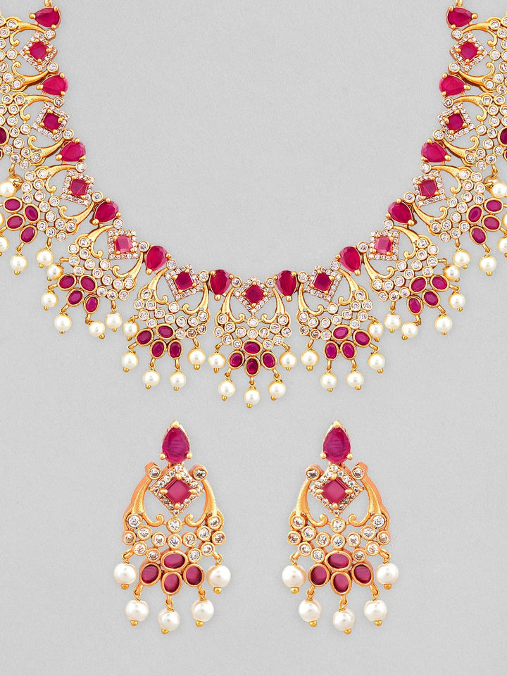 Rubans 24K Gold Plated Temple Necklace Set With Studded Pink Stones Necklace Set