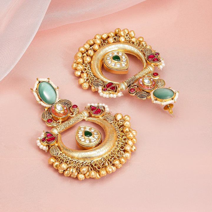 Rubans 24K Gold-Plated Traditional Chandbali Earrings with Ruby, Emerald & Golden Bead Accents Chandbali Earrings