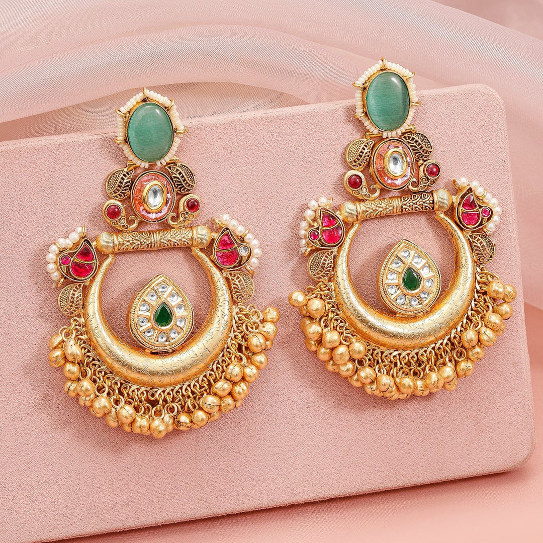 Rubans 24K Gold-Plated Traditional Chandbali Earrings with Ruby, Emerald & Golden Bead Accents Chandbali Earrings