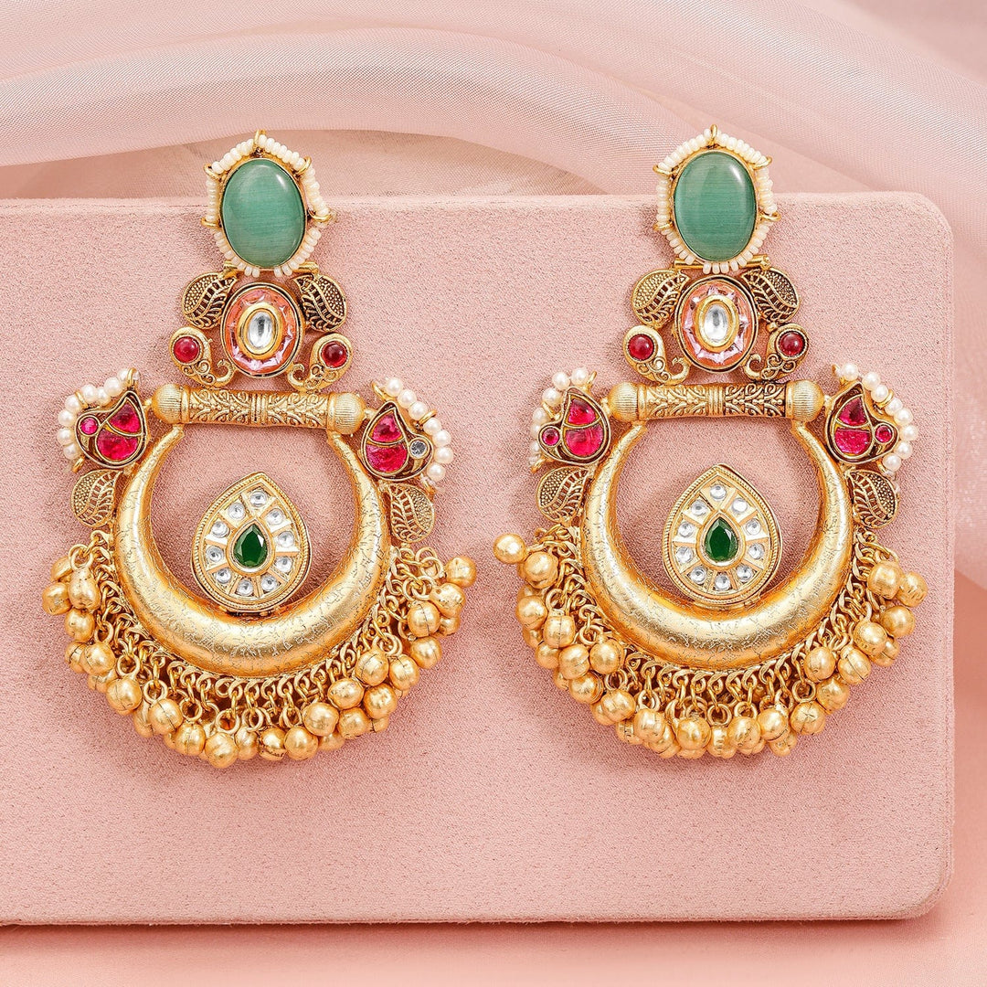 Rubans 24K Gold-Plated Traditional Chandbali Earrings with Ruby, Emerald & Golden Bead Accents Chandbali Earrings