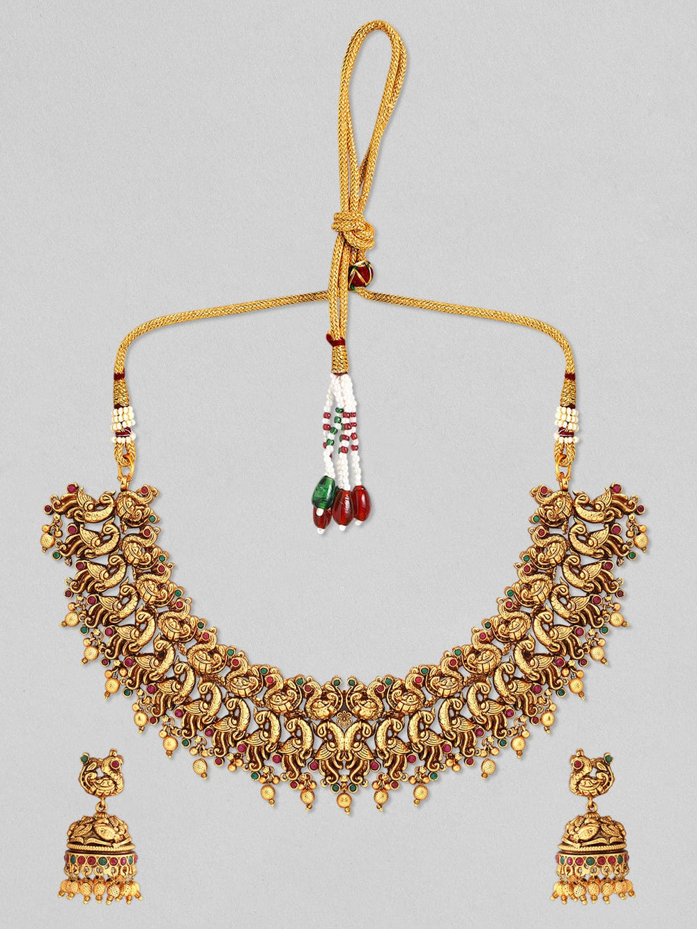 Rubans 24k Gold-Plated Traditional Red & Green Stone Studded Jewellery Set Necklace Set