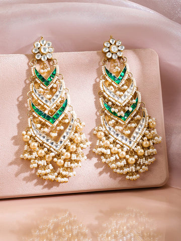 Rubans 24K Gold-Plated White Kundan & Emerald Green Beaded Shoulder Duster Earrings Earrings