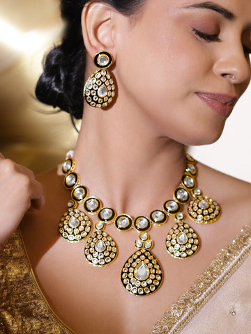 Rubans 24K Gold-Plated White Kundan Studded Necklace Set with Bold Black Enamel Border Necklace Set