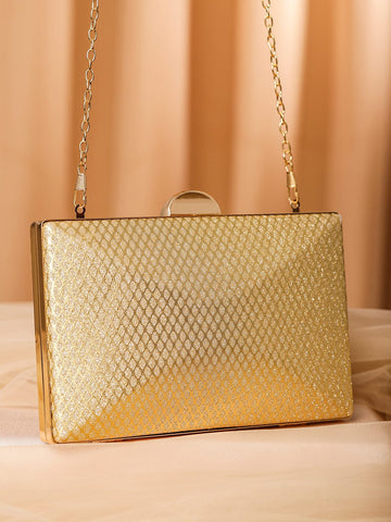 Rubans 24K Gold Shimmery Glossy Box Clutch with Luxe Textured Finish & Chain Bags