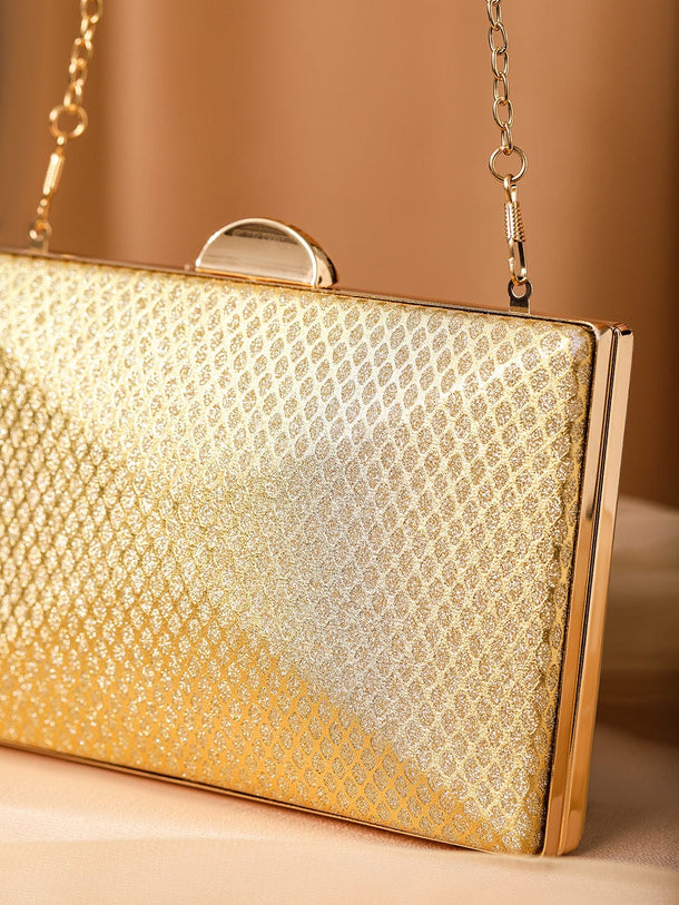 Rubans 24K Gold Shimmery Glossy Box Clutch with Luxe Textured Finish & Chain Bags