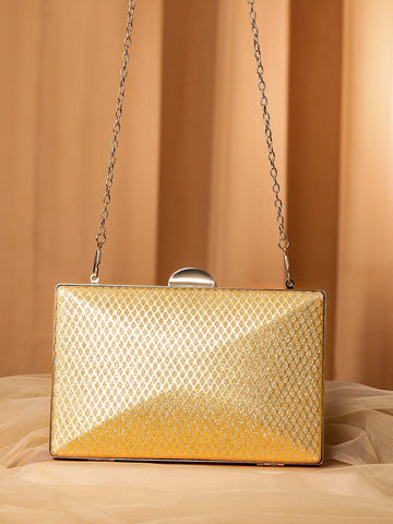 Rubans 24K Gold Shimmery Glossy Box Clutch with Luxe Textured Finish & Chain Clutches