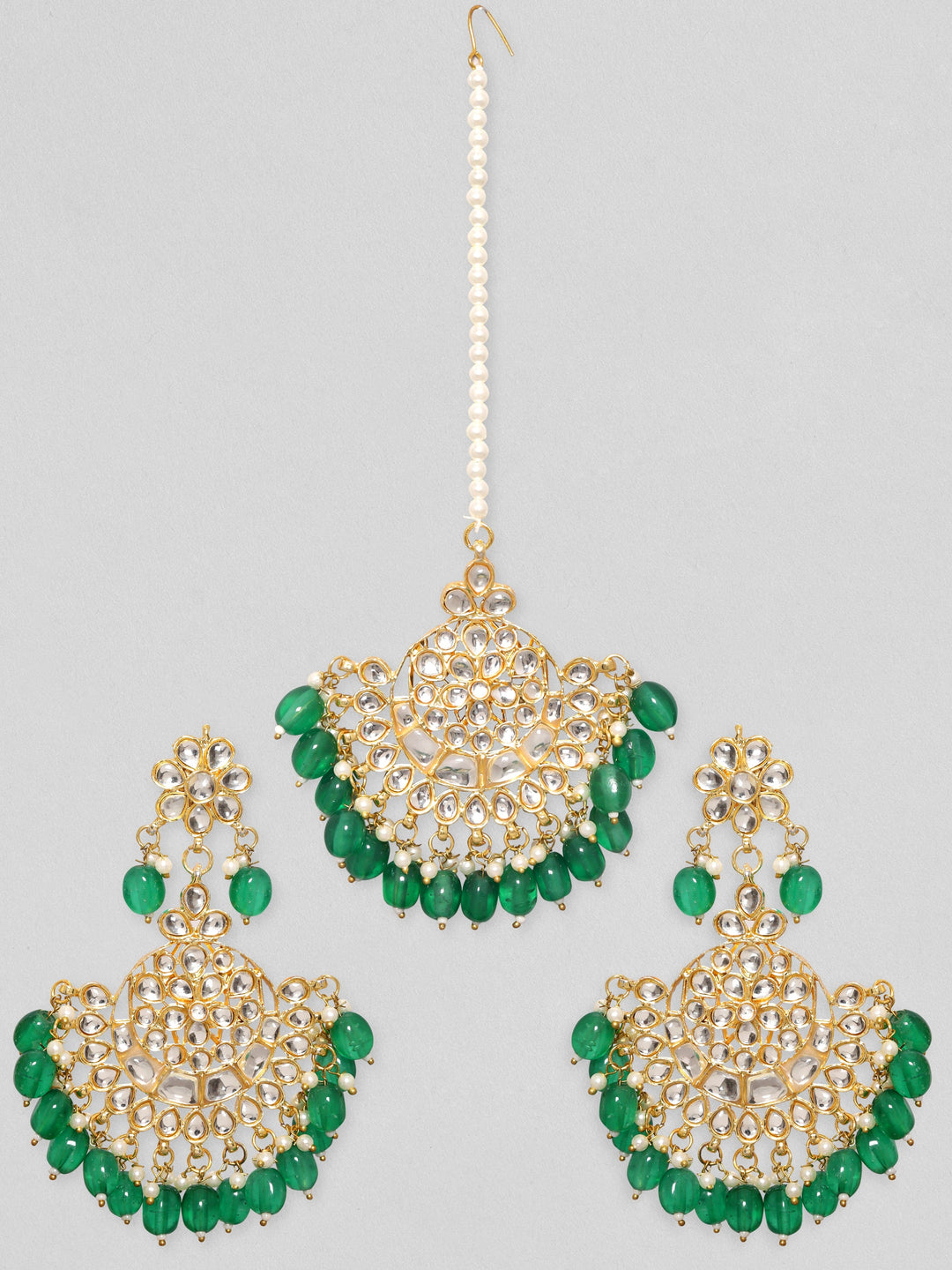 Rubans 24K Gold Toned Green Beaded Polki Studded Mangtika & Chandbali Earring Set Earrings & mangtika set