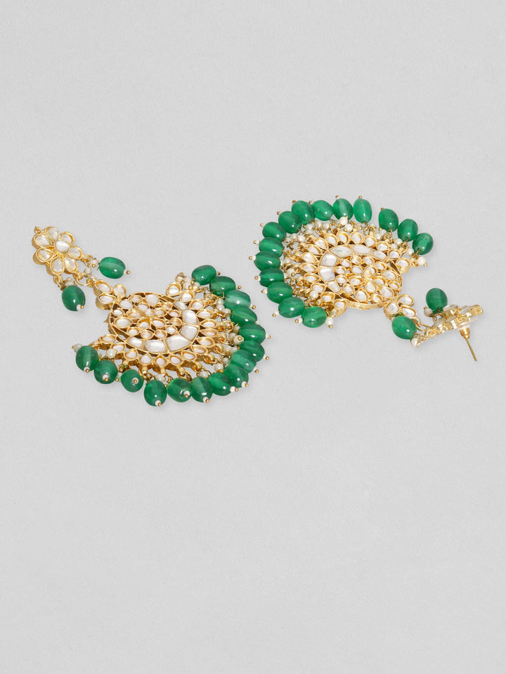 Rubans 24K Gold Toned Green Beaded Polki Studded Mangtika & Chandbali Earring Set Earrings & mangtika set