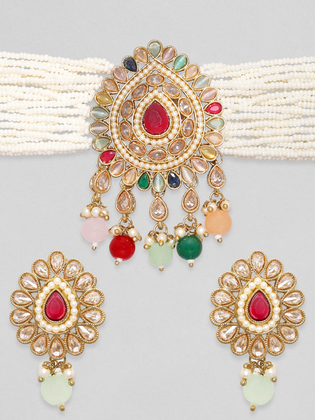Rubans 24K Gold toned Multicolour Reverse AD & Pearl Beaded Jewellery Set Necklace Set