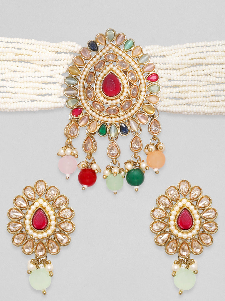 Rubans 24K Gold toned Multicolour Reverse AD & Pearl Beaded Jewellery Set Necklace Set