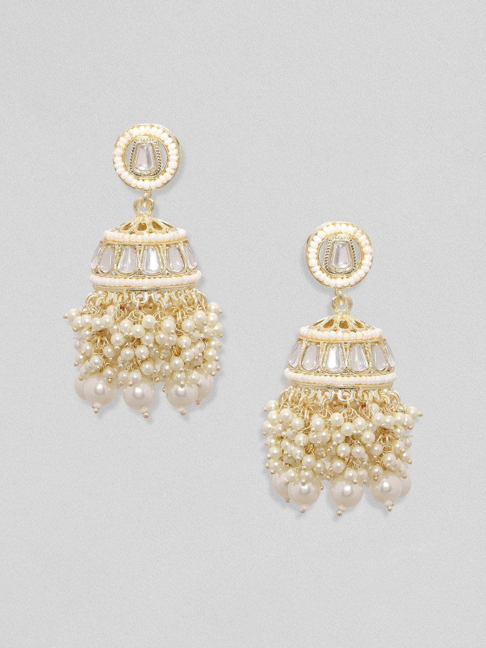 Rubans 24K Gold Toned Pearl Beaded Kundan Studded Jhumka Earrings Earrings