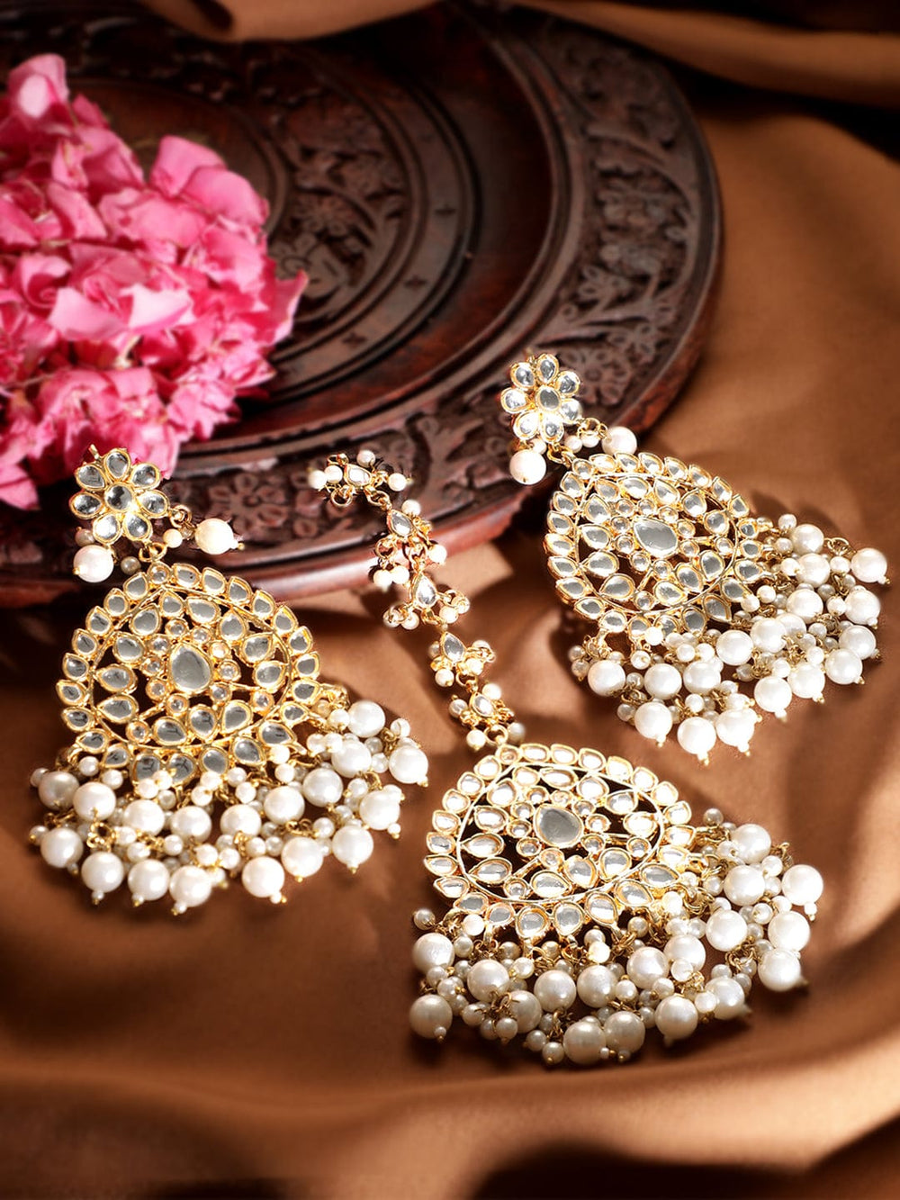 Rubans 24K Gold toned Pearl beaded mirror studded Mangtika & chandbali earring set Earrings & mangtika Combo
