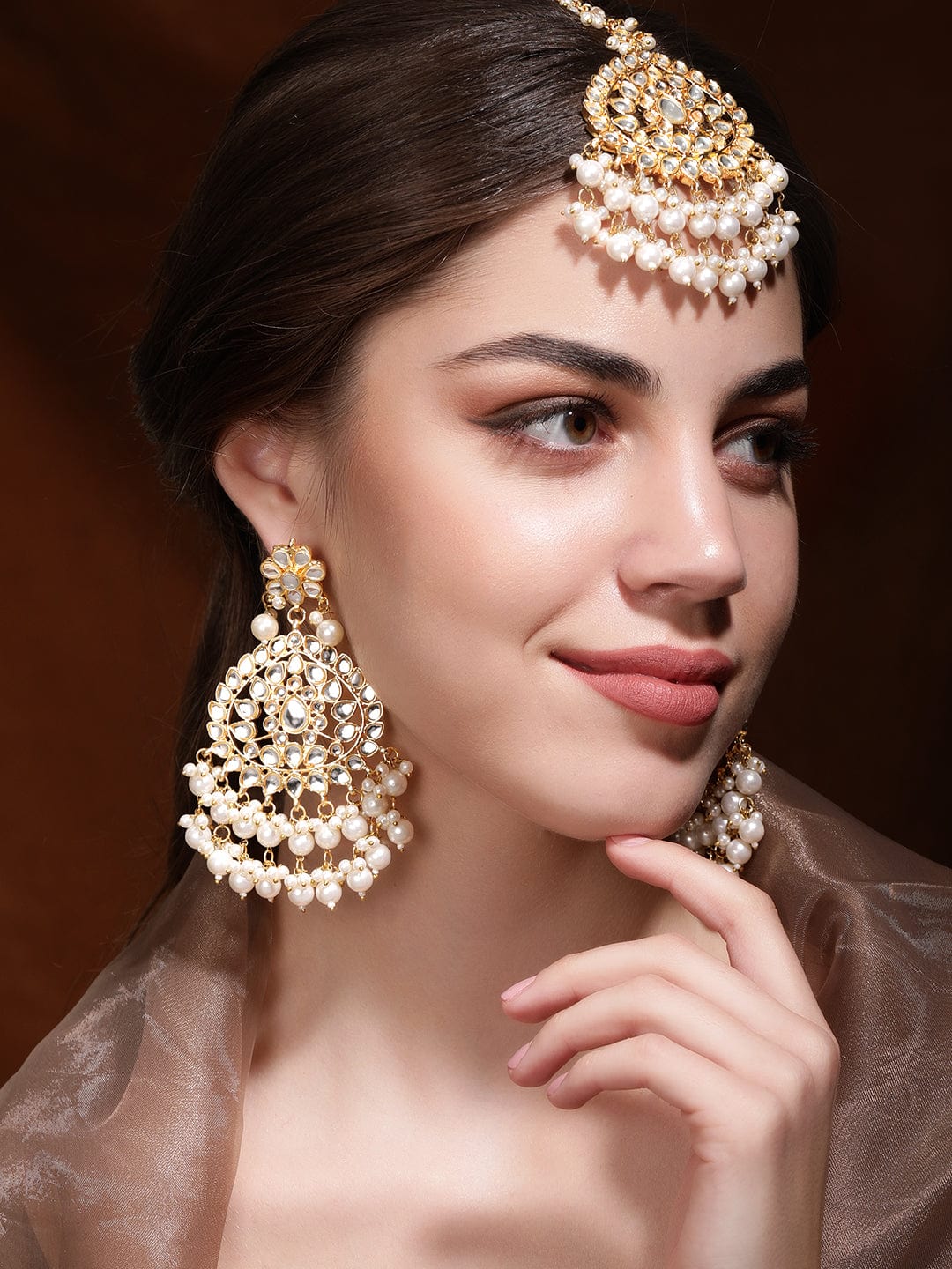 Rubans 24K Gold toned Pearl beaded mirror studded Mangtika & chandbali earring set Earrings & mangtika Combo