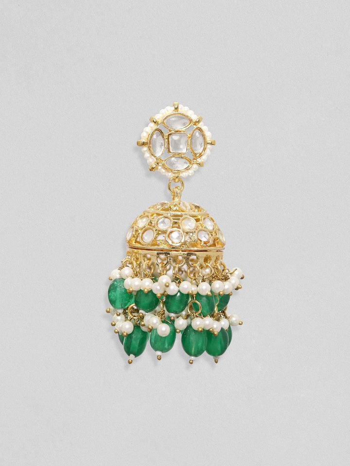 Rubans 24K Gold Toned Pearl & Green Beaded Polki Studded Jhumka Earrings Earrings