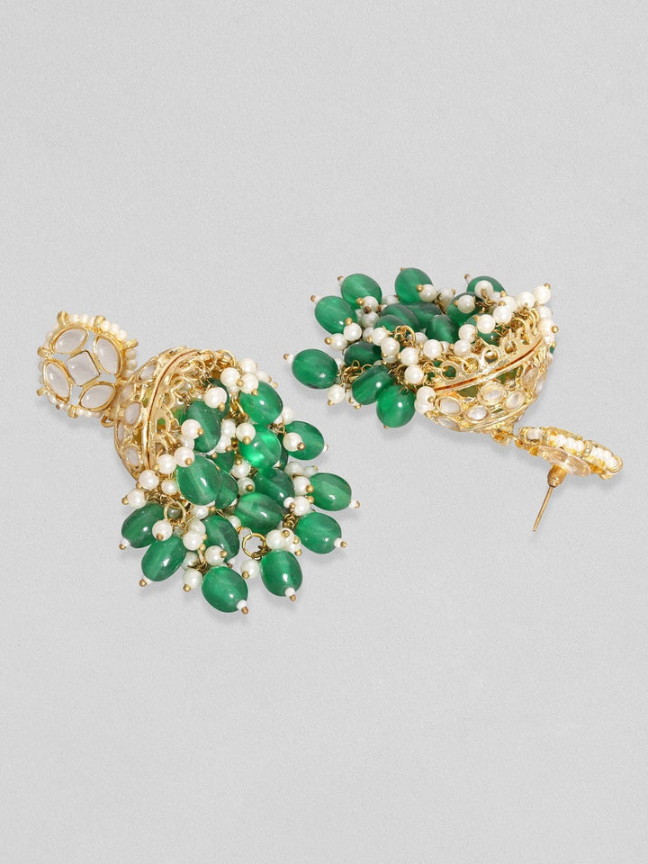 Rubans 24K Gold Toned Pearl & Green Beaded Polki Studded Jhumka Earrings Earrings
