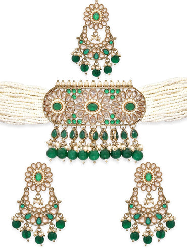 Rubans 24K Gold toned Reverse AD & Green Beaded Jewellery Set Necklace Set