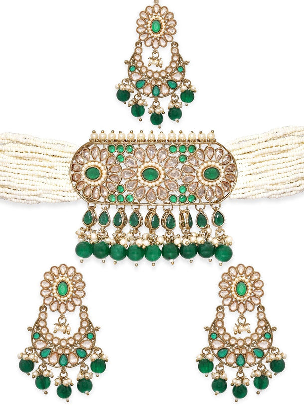 Rubans 24K Gold toned Reverse AD & Green Beaded Jewellery Set Necklace Set