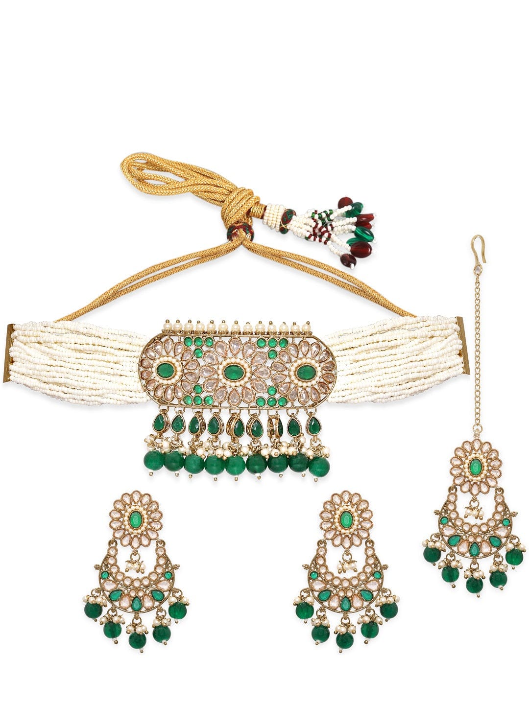 Rubans 24K Gold toned Reverse AD & Green Beaded Jewellery Set Necklace Set