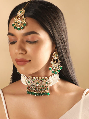Rubans 24K Gold toned Reverse AD & Green Beaded Jewellery Set Necklaces, Necklace Sets, Chains & Mangalsutra