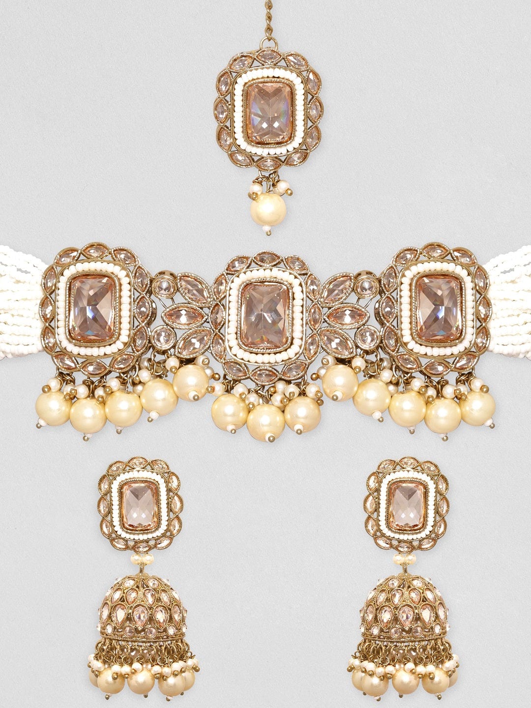 Rubans 24K Gold toned Reverse AD & Pearl Beaded Jewellery Set Necklace Set