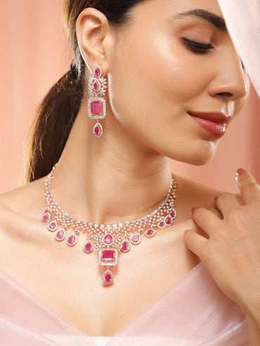 Rubans 24K Rose Gold Plated Ruby Pink Sapphire & Cubic Zirconia Studded Handcrafted Premium Jewellery Set Necklaces, Necklace Sets,