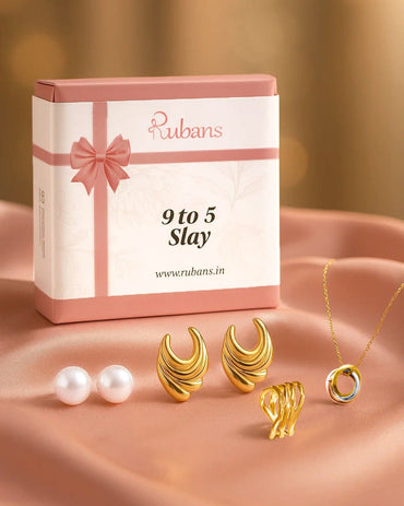 Rubans 9 to 5 Slay – Workwear to Party Chic | 4 Combo Set with 22K Gold-Plated Ring, Earrings, Pearl Studs & Dual-Plated Necklace Earrings, Necklace and Ring Combo