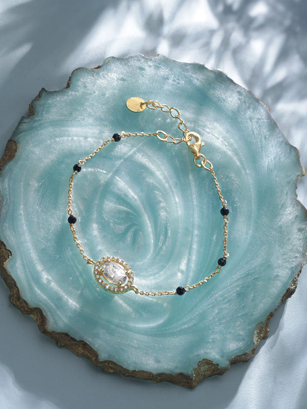 Rubans 925 Silver 18K Gold Plated oval zirconia & black beaded bracelet Bangles & Bracelets
