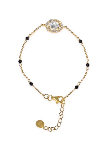 Rubans 925 Silver 18K Gold Plated oval zirconia & black beaded bracelet Bangles & Bracelets