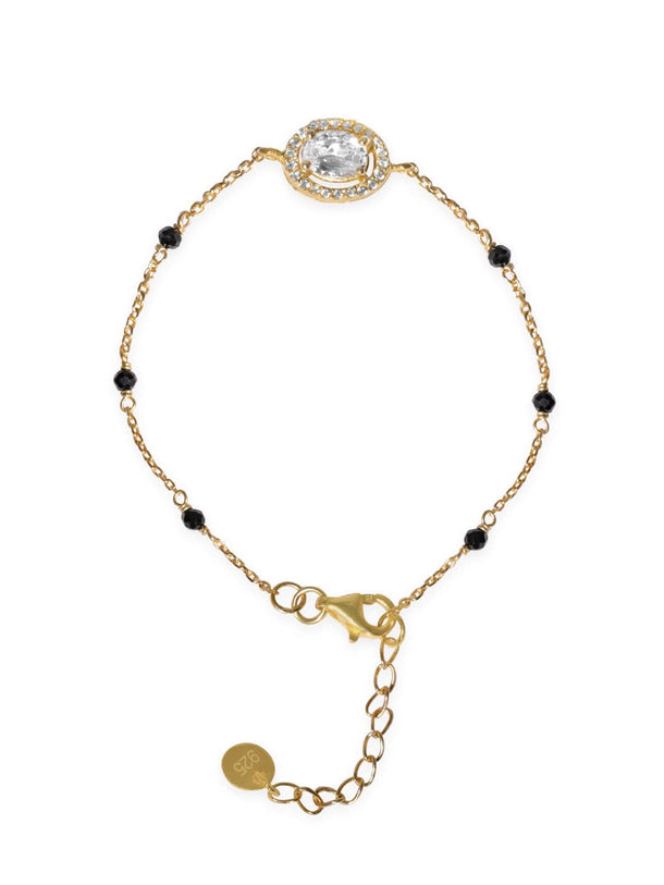 Rubans 925 Silver 18K Gold Plated oval zirconia & black beaded bracelet Bangles & Bracelets