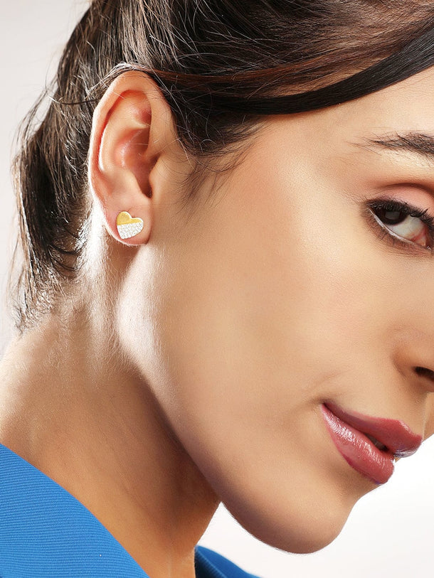 Rubans 925 Silver, 18K Gold Plated Partial Zircons Studded Heart Stud Earring. Earrings