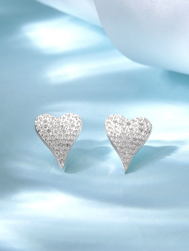 Rubans 925 Silver, Rhodium Plated Pave Zircons Studded Heart Motif Stud Earrings. Earrings