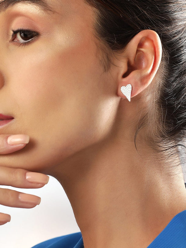 Rubans 925 Silver, Rhodium Plated Pave Zircons Studded Heart Motif Stud Earrings. Earrings