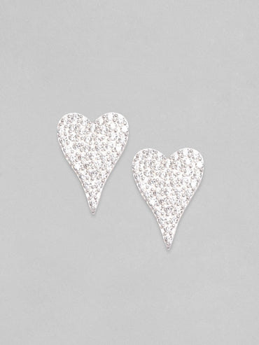 Rubans 925 Silver, Rhodium Plated Pave Zircons Studded Heart Motif Stud Earrings. Earrings