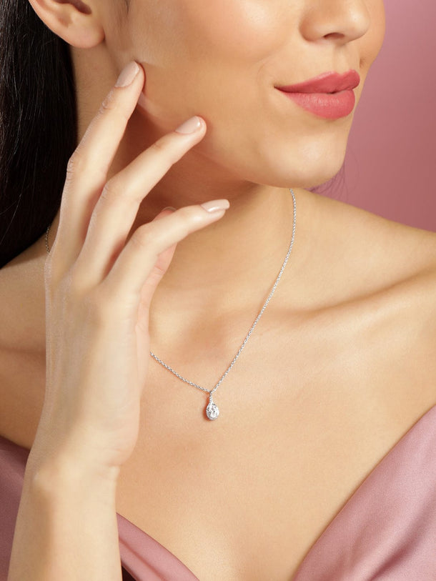 Rubans 925 Silver Rhodium plated zirconia studded pendant drop necklace. Necklaces, Necklace Sets, Chains & Mangalsutra
