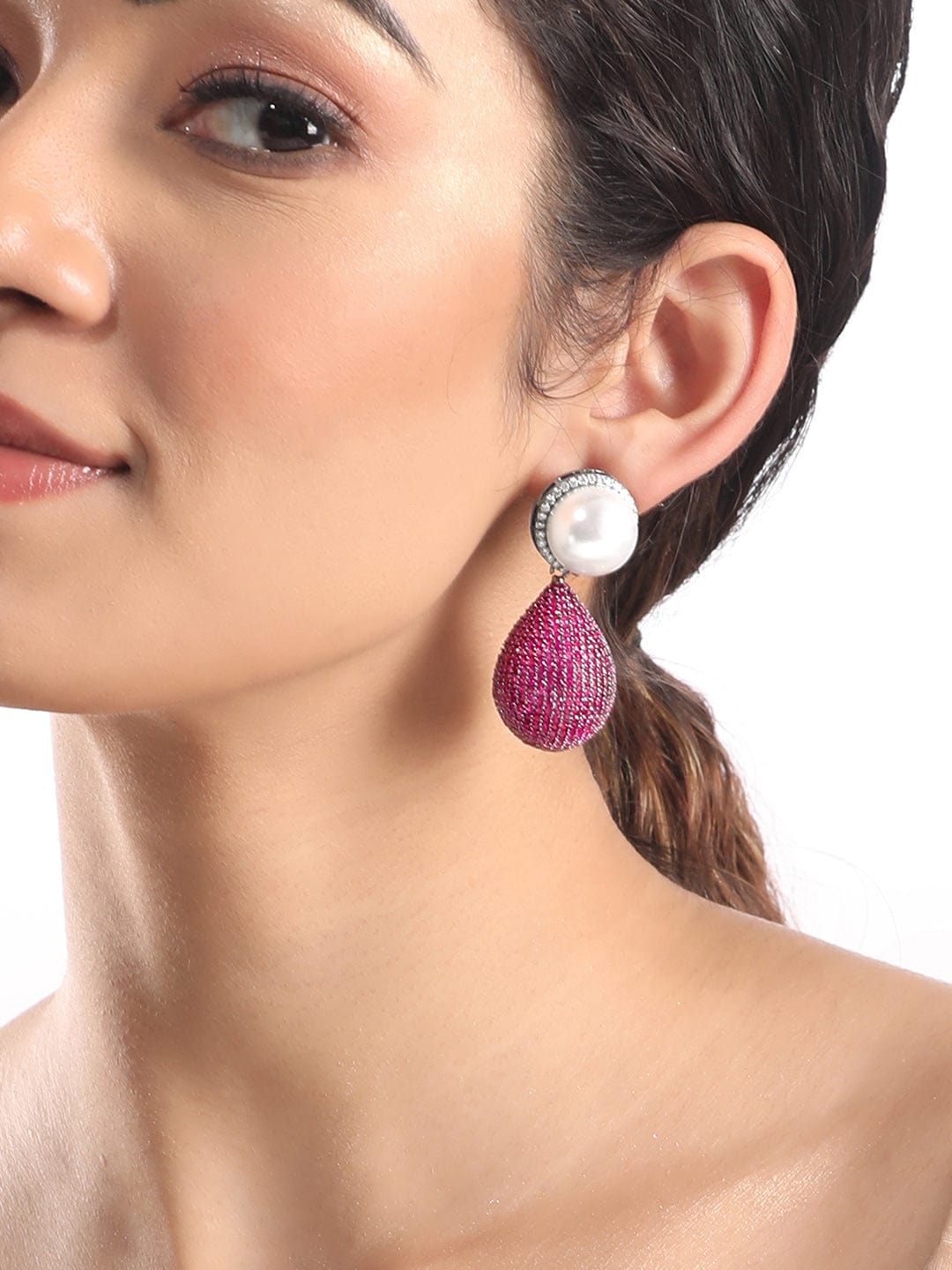 Rubans Antique Gold Finish Purple Amethyst Pave Zirconia Pearl Studded Drop Earring. Earrings