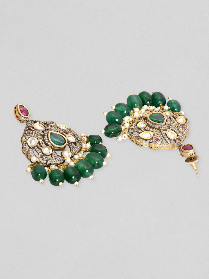 Rubans Antique Gold Plated Brilliant Cut Zirconia, Green Beaded Vintage Royal Necklace Set Necklace Set