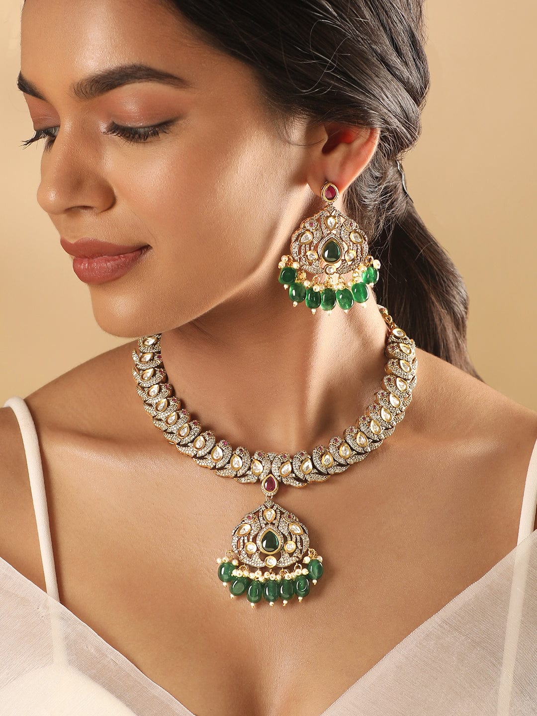 Rubans Antique Gold Plated Brilliant Cut Zirconia, Green Beaded Vintage Royal Necklace Set Necklaces, Necklace Sets, Chains & Mangalsutra