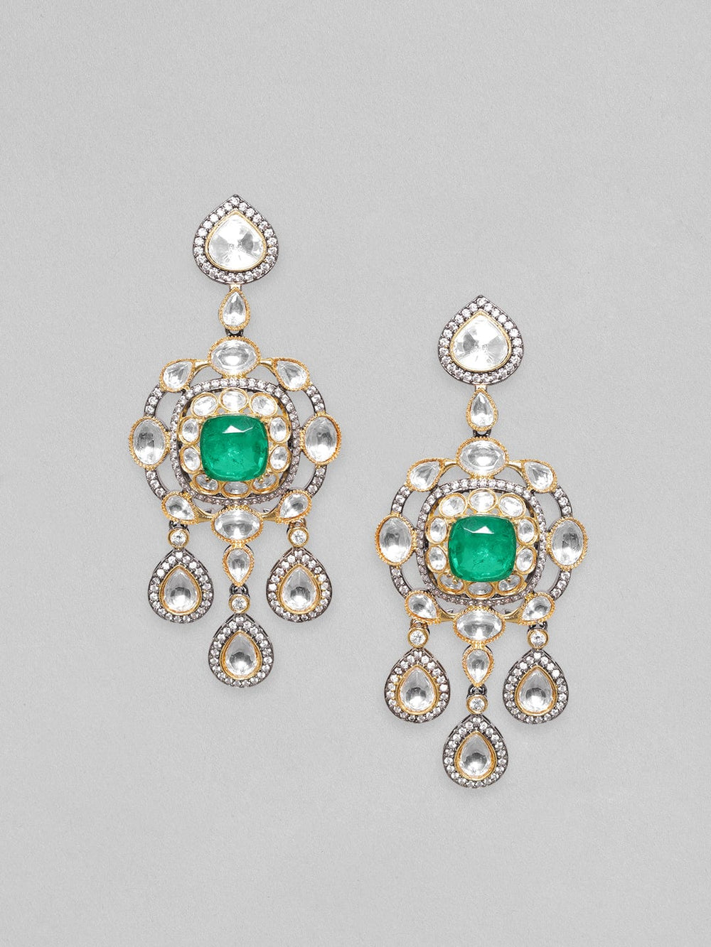 Rubans Antique Gold Plated Brilliant Cut Zirconia & Kundan, Emerald Green Doublet Vintage Royal Chandelier Earrings Earrings