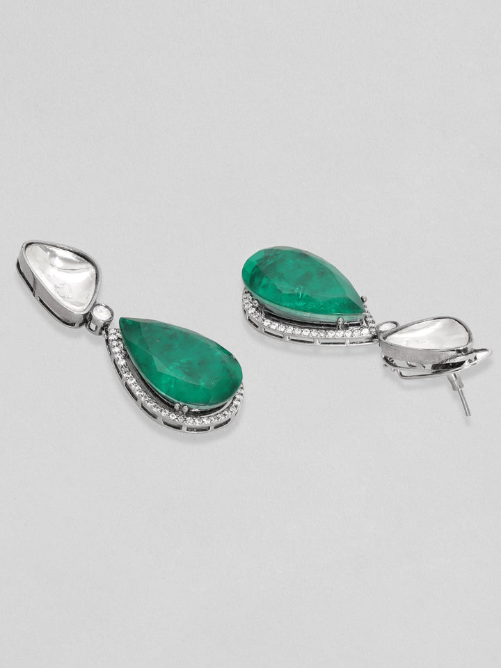Rubans Antique Gold Plated Brilliant Cut Zirconia & Kundan, Emerald Green Doublet Vintage Royal Necklace Set Earrings