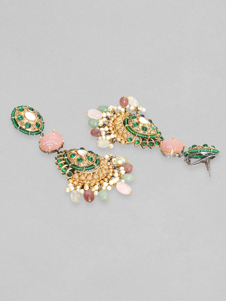 Rubans Antique Gold Plated Brilliant Cut Zirconia & Kundan, Faux Multicolour Gemstone Vintage Royal Chandelier Set Earrings