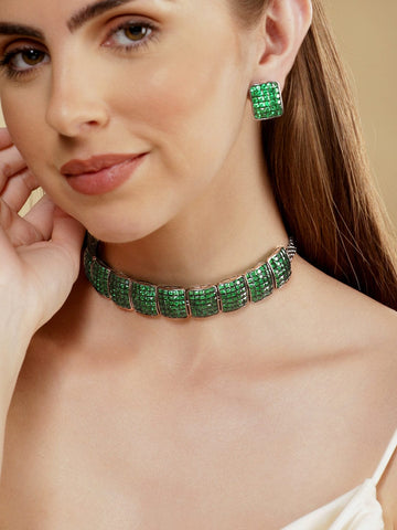 Rubans Antique Gold plated Emerald Green Pave Studded Choker Set Choker