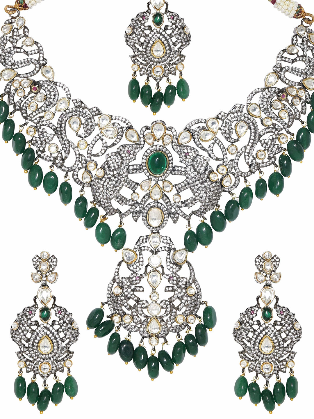 Rubans Antique Gold Plated Polki & Zirconia studded Green Beaded Luxury Necklace Set Jewellery Sets